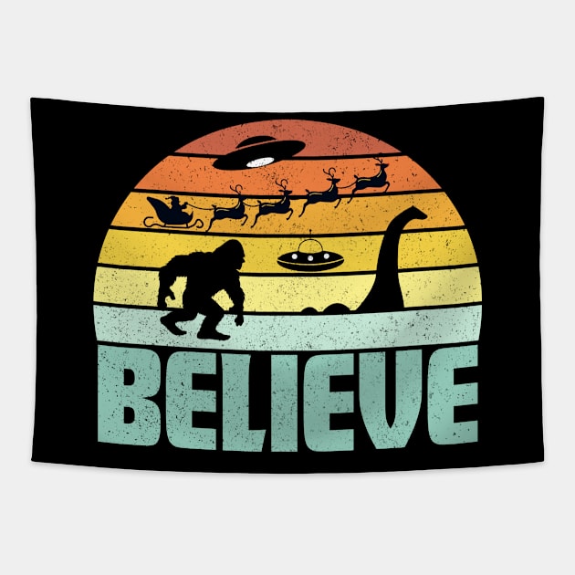 Believe Santa Claus Bigfood Yeti Nessie UFO Retro Sunset Gift Tapestry by peter2art