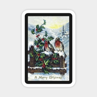 Beautifully Restored Vintage Christmas Card With Birds and Snow, Mistletoe Magnet