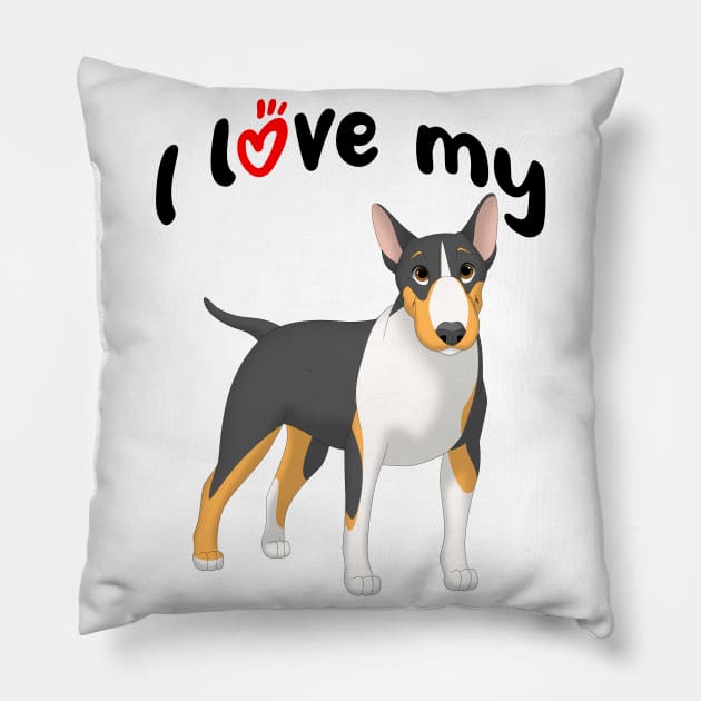 I Love My Black, Tan & White Bull Terrier Dog Pillow by millersye