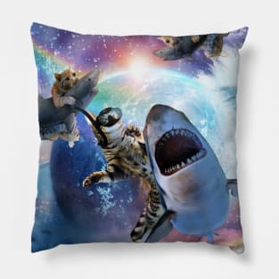 Rainbow Galaxy Cat Riding Shark In Space Pillow