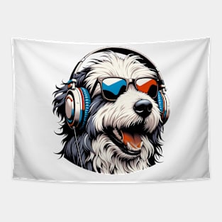 Polish Lowland Sheepdog Smiling DJ with Headphones Tapestry