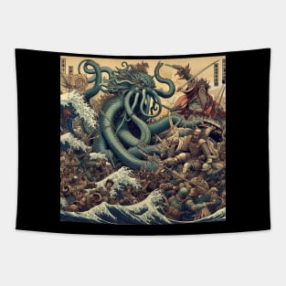 Battle against the legendary beast with Katsushika Hokusai style Tapestry