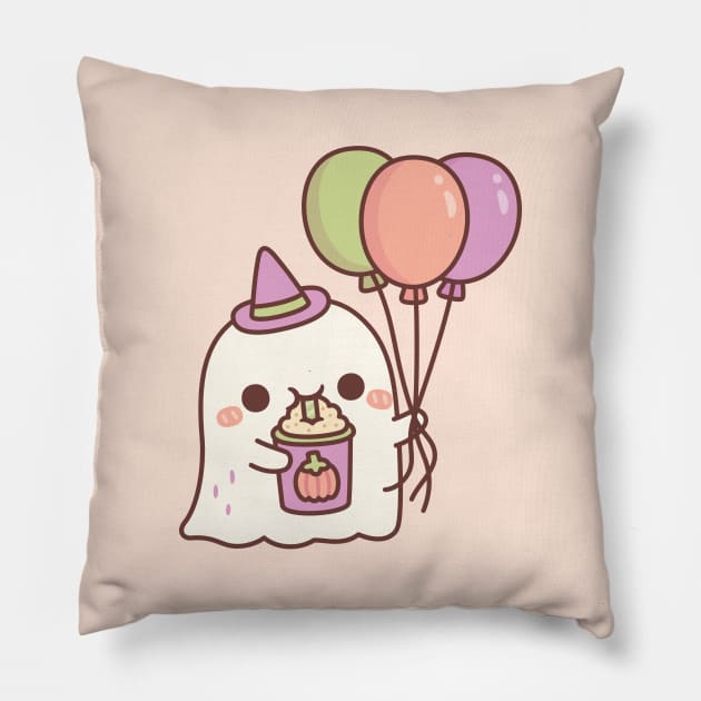 Cute Ghost With Balloons Drinking Pumpkin Spice Latte Pillow by rustydoodle