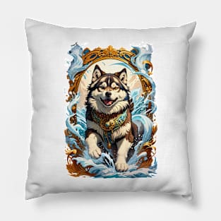 Alaskan Malamute magical wind retro vintage tribal design Pillow