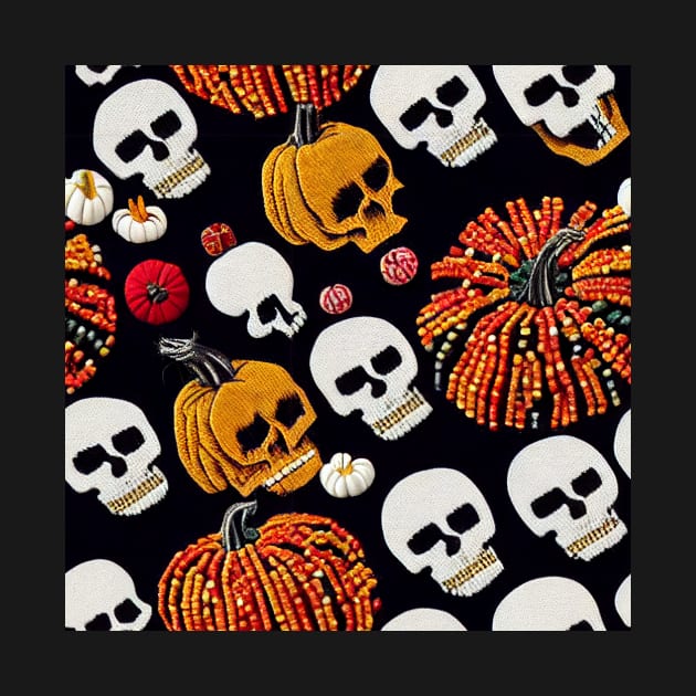 Embroidery stitch pumpkins and skulls in Mexican style with beads and fur pattern by MashaVed