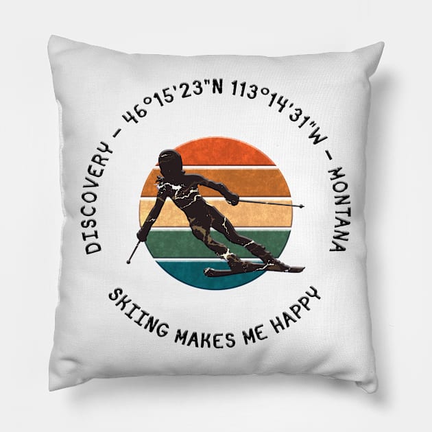 Discovery, Montana - Woman Skier Black Text On White Pillow by funfun