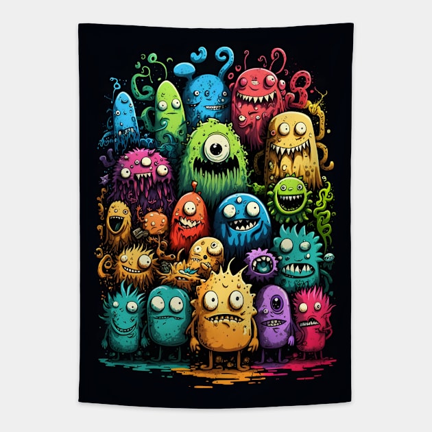 Colorful and Funny Monsters in Neon Watercolor Doodle Art Style Tapestry by ToySenTao