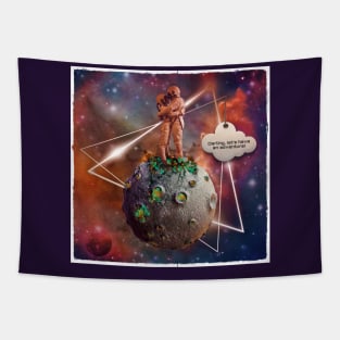 Surreal Astronaut Couple on Tiny Planet in Space Having an Adventure Tapestry