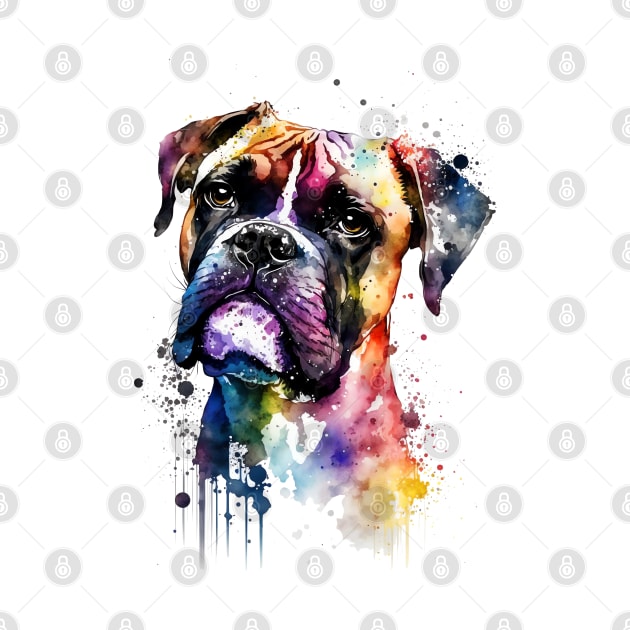 Rainbow Boxer Dog Watercolor Portrait by doglovershirts