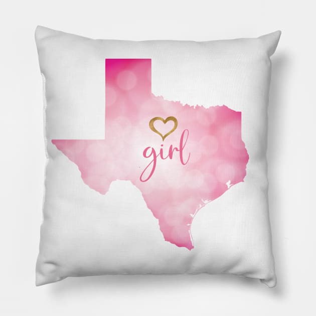 Texas Girl with Gold Heart in a Pink Texas State Map Pillow by Star58