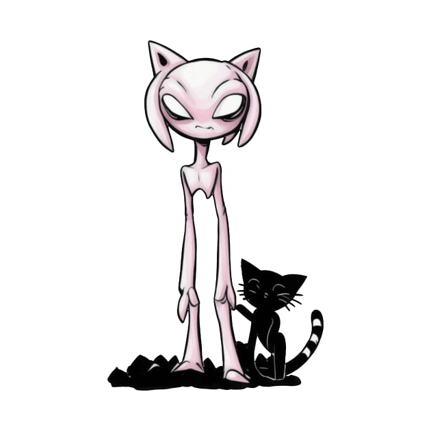 Cosmic Feline Encounter - Pink Alien and Black Cat Delight by Rishirt