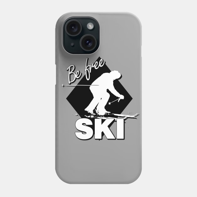 Be Free SKI Text Design White Silhouette Downhill Skier on Expert Level Black Diamond Shape Phone Case by karenmcfarland13