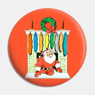 Santa Claus enters through the chimney and finds many socks. Retro Vintage Comic Cartoons Pin