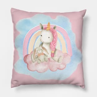 Cute pink baby unicorn with her favourite bunny toy sitting on a fluffy pink cloud Pillow