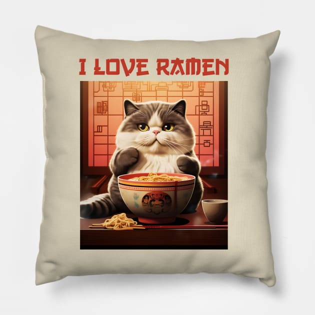 Quirky Chubby Kitty Cat Eating Ramen - I Love Ramen Pillow by KittyStampedeCo