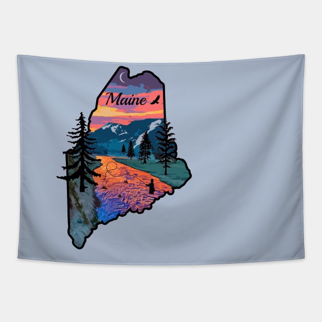 Fly Fishing Maine Mountain Sunset River Retro Tapestry by TeeCreations