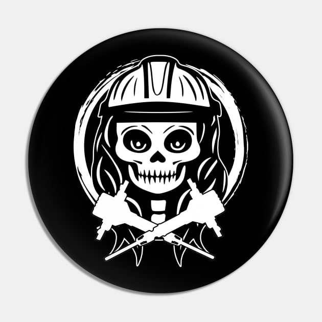 Fossicker Skull and Crossed Jackhammers White Logo Pin by Nuletto