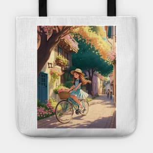 A cute girl explores a lively street on her bicycle. Tote