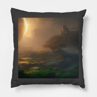 Planet earth with view of a castle in the fog Pillow