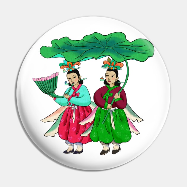 Minhwa: Taoist Fairy Sisters B-3 Type Pin by koreanfolkpaint