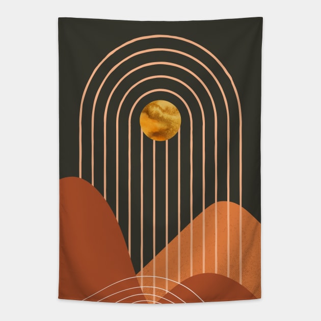 Mid century artwork of sun, archs and mountains. Tapestry by waltzart