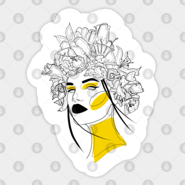 One Line Woman Face In Yellow With Blooming Flowers One Line Art Sticker Teepublic,Anime Girl Pointing Gun At Mirror
