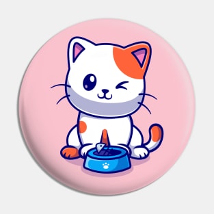 Cute Cat Eating Fish Cartoon Pin