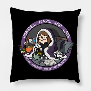 Hobbies, Naps, and Cats (Purple) Pillow