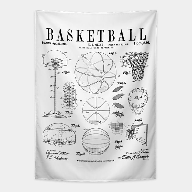 Basketball Old Vintage Patent Drawing Print Tapestry by Grandeduc