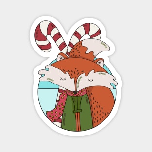 Christmas Fox with Scarf and Candy Canes Magnet