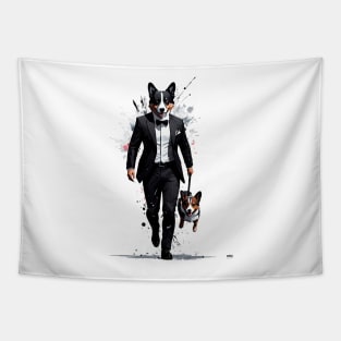 Dapper Corgi Secret Agent Carrying a Comrade in Tuxedo Tapestry