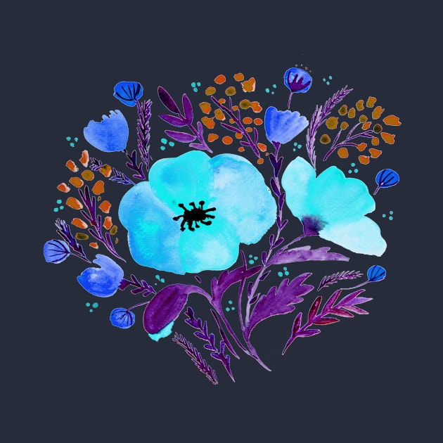 Watercolor poppies bouquet - blue and purple by wackapacka