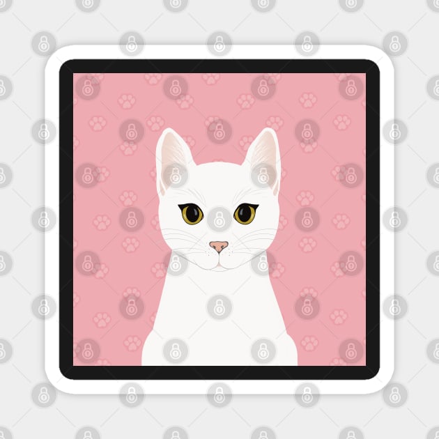 The cute white cat queen is watching you , white feathers and small kitten footsteps in the pink background Magnet by marina63