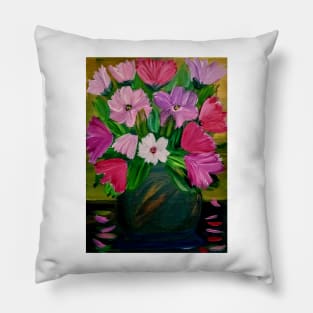 a lovely color combination in this bouquet of flowers in a metallic copper and gold vase Pillow