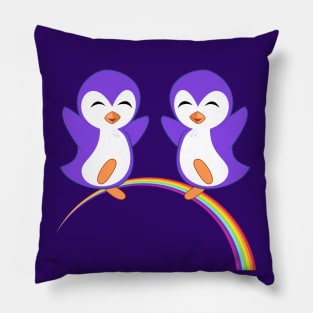 Cute Purple Penguins Rainbow Pillow