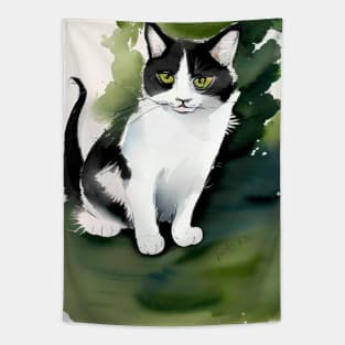 Watercolour Tuxedo Cat on a green lawn Copyright TeAnne Tapestry