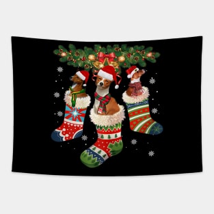 Three Basenji In Sock Christmas Santa Hat X Mas Dog Lover Tapestry