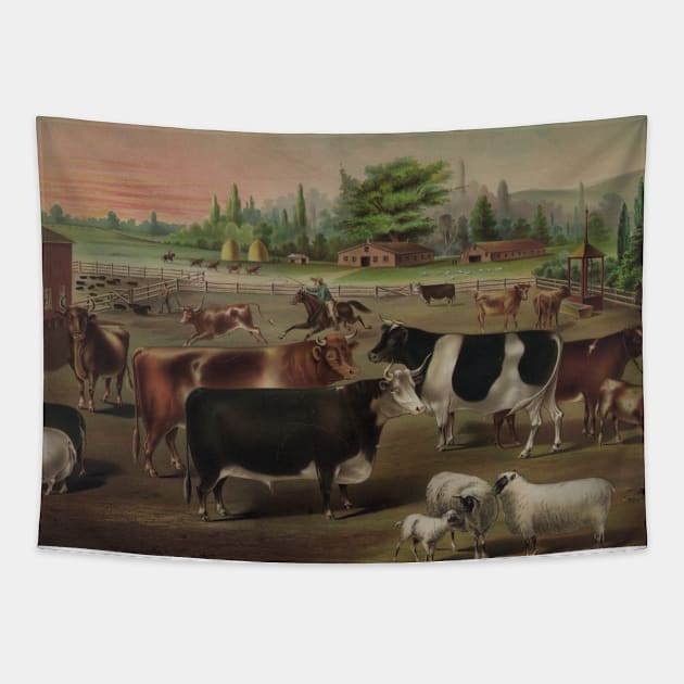 Vintage Livestock Farm Painting (1887) Tapestry by Bravuramedia