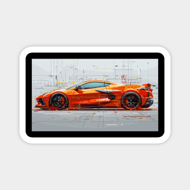 Orange C8 Corvette Tech Drawing Supercar Racecar Amplify Orange Corvette C8 Magnet by Tees 4 Thee