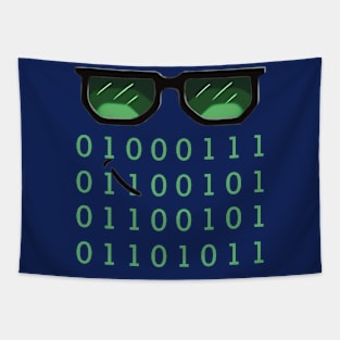 Cool Programming Geek with Sunglasses and Binary Coding Tapestry