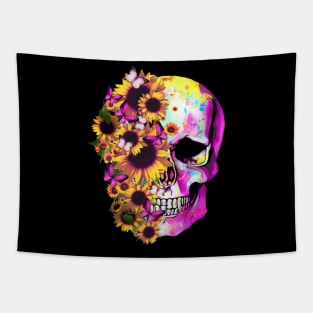 Tattoo skull floral sunflowers watercolor design Tapestry