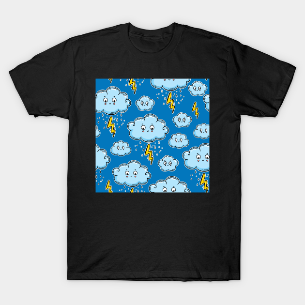 Hand Drawn Weather Pattern With Clouds Rain Lightning - Clouds - T-Shirt