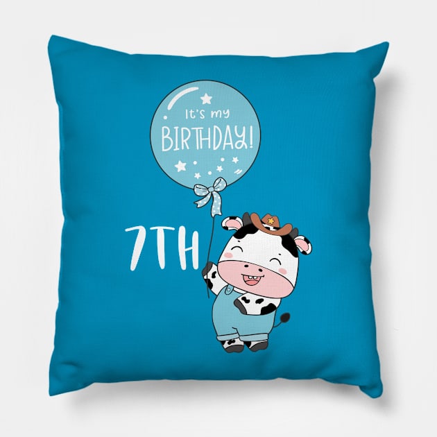 Cute baby cow boy 7th birthday Pillow by bellofraya