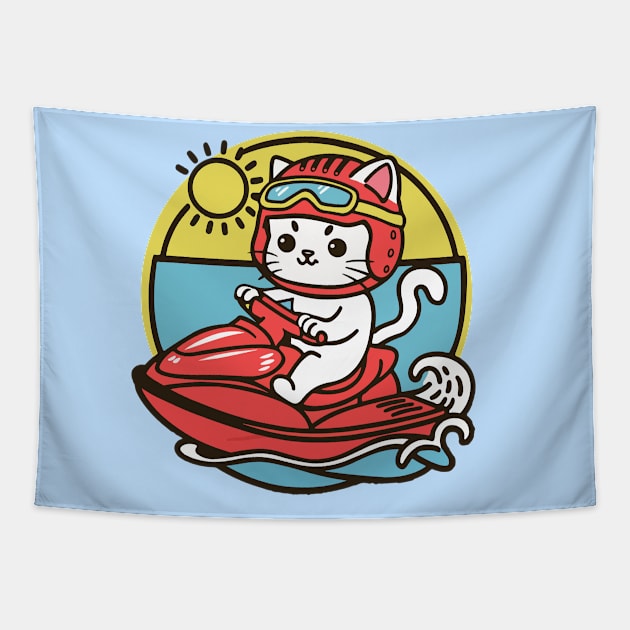 Cute Cat Jet Skiing Summer Gift Tapestry by GrafiqueDynasty