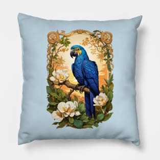 Blue Parrot Macaw with Magnolias retro vintage design Pillow