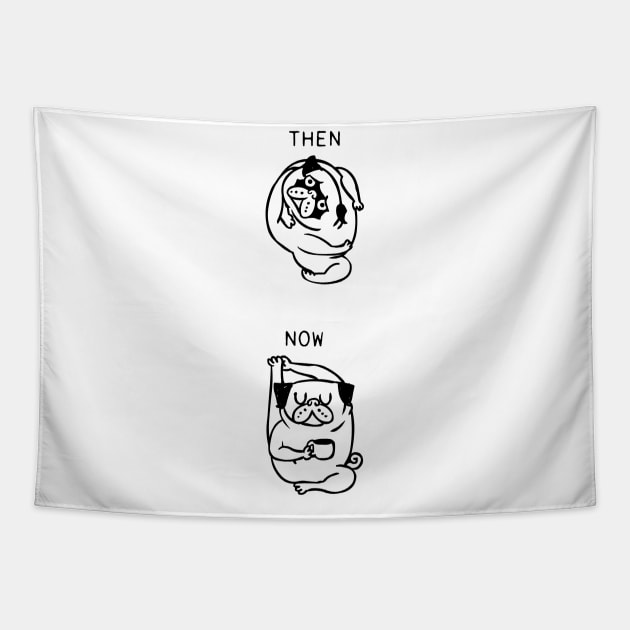 Then and Now Pug Compass Pose Tapestry by huebucket