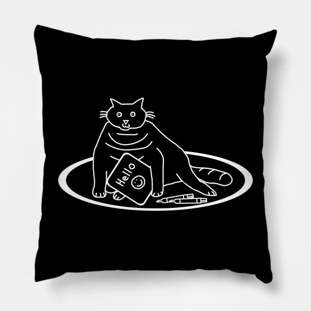 White Line Chonk Cat says Hello Pillow by ellenhenryart