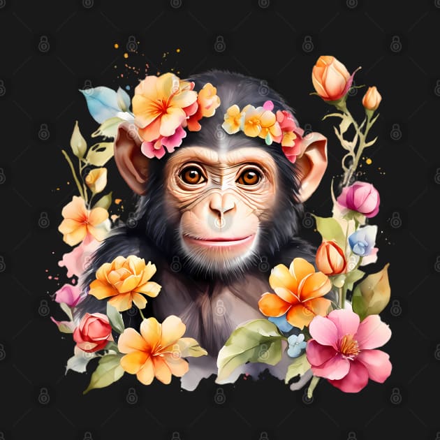 A baby chimpanzee decorated with beautiful watercolor flowers by CreativeSparkzz