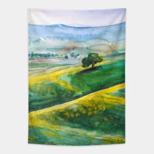 green and yellow landscape watercolor painting Tapestry