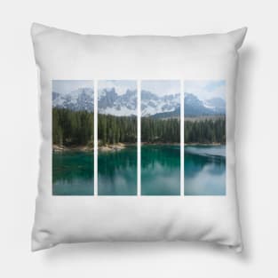 The fabulous alpine lake of Carezza in the Dolomites (Bolzano). Lovely place in the Italian Alps. Reflections in the water. View from the shore. Sunny spring day. Trentino Alto Adige Pillow